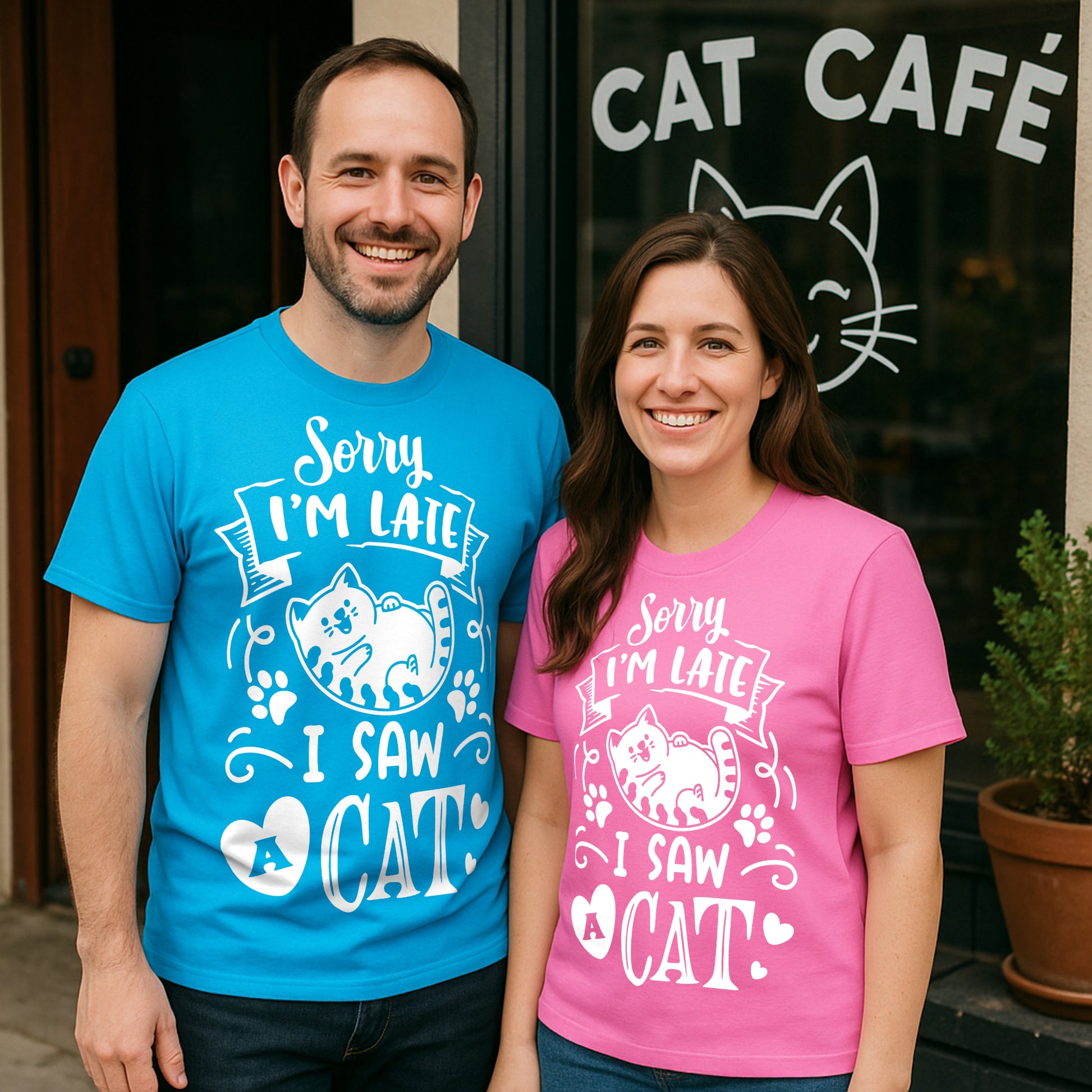 Two people wearing matching t-shirts with a cat-themed design in front of a cat café.