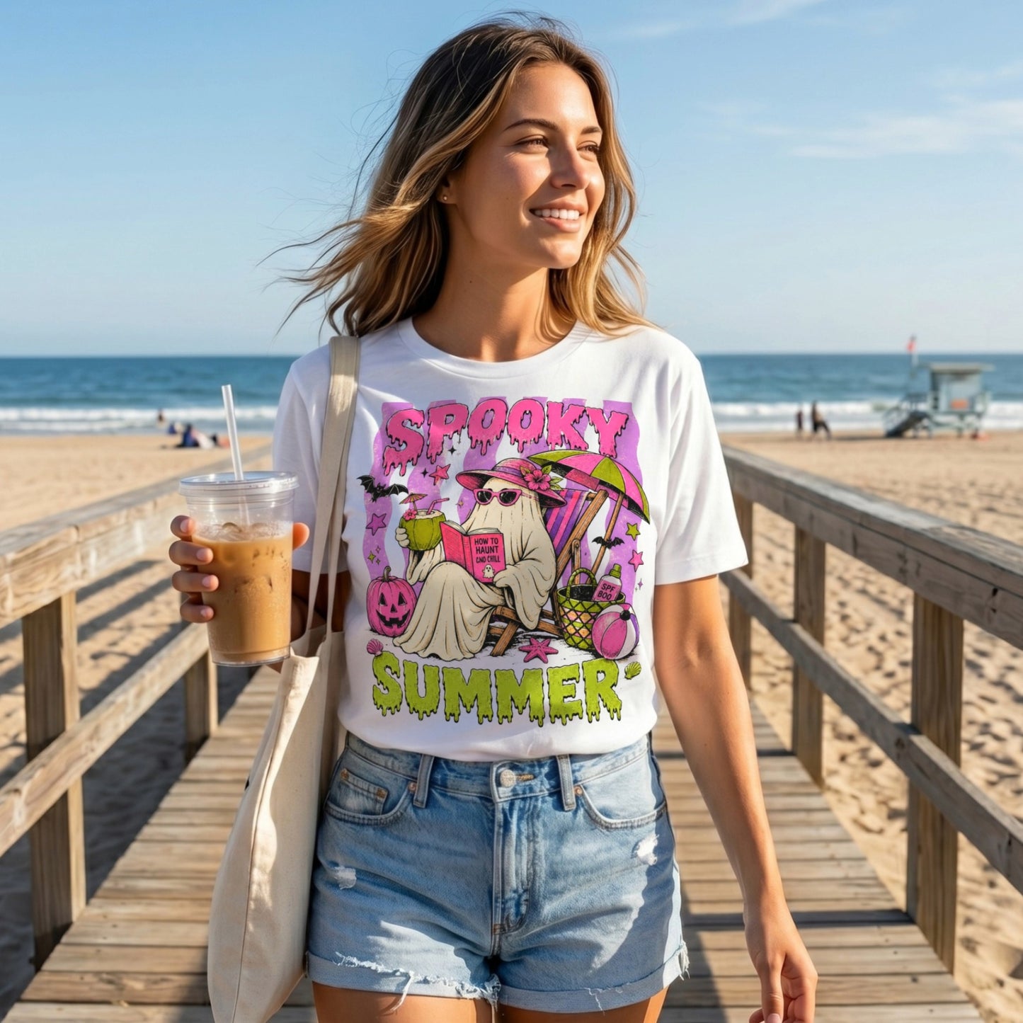 Woman wearing the Spooky Summer T-Shirt while walking along a sunny beach boardwalk holding an iced coffee, featuring a funny ghost Halloween graphic with tropical summer vibes.