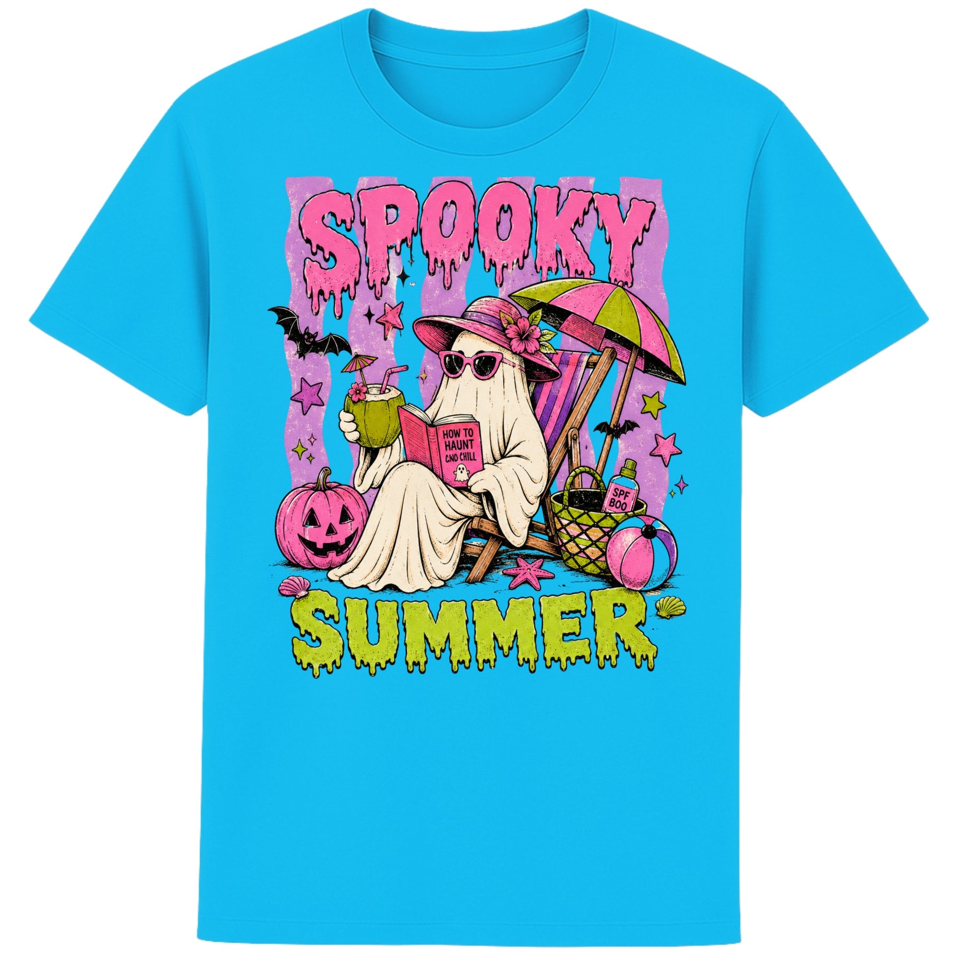 Funny Spooky Summer T-Shirt featuring a cute ghost relaxing on a beach chair with a tropical drink, pumpkins, bats and beach accessories, colourful Halloween graphic tee for spooky season lovers in colour aqua blue 