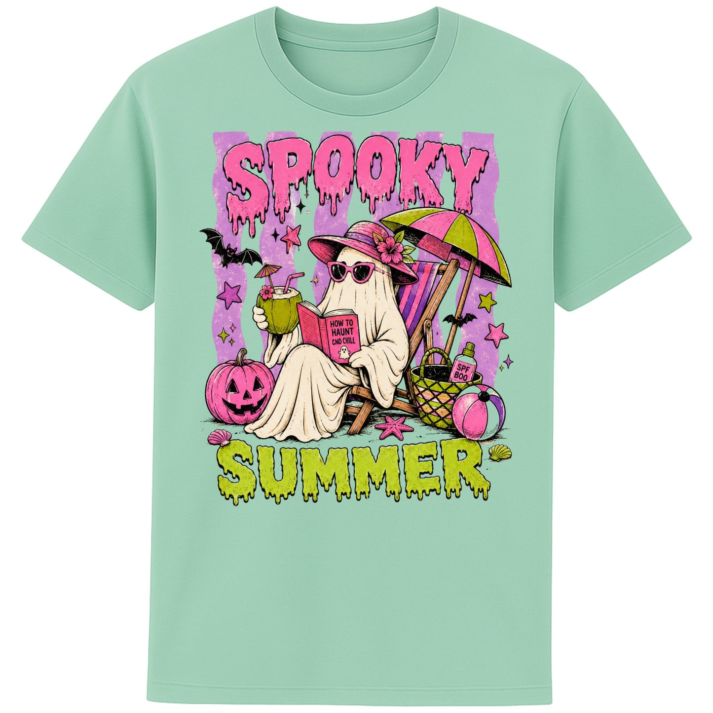 Funny Spooky Summer T-Shirt featuring a cute ghost relaxing on a beach chair with a tropical drink, pumpkins, bats and beach accessories, colourful Halloween graphic tee for spooky season lovers in colour misty jade