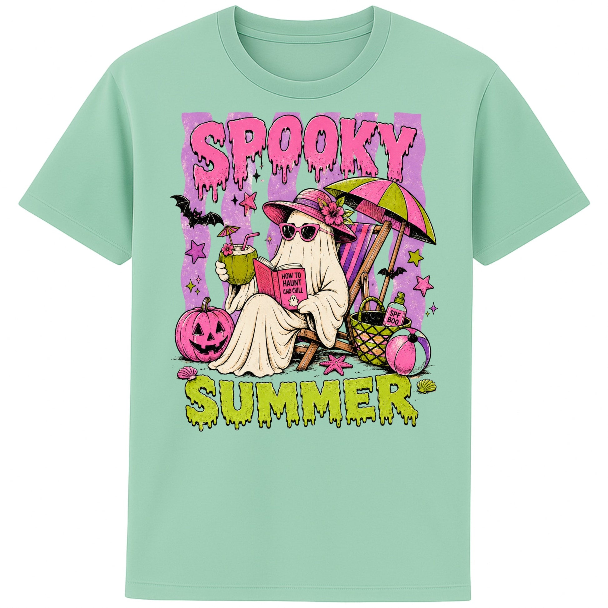 Funny Spooky Summer T-Shirt featuring a cute ghost relaxing on a beach chair with a tropical drink, pumpkins, bats and beach accessories, colourful Halloween graphic tee for spooky season lovers in colour misty jade