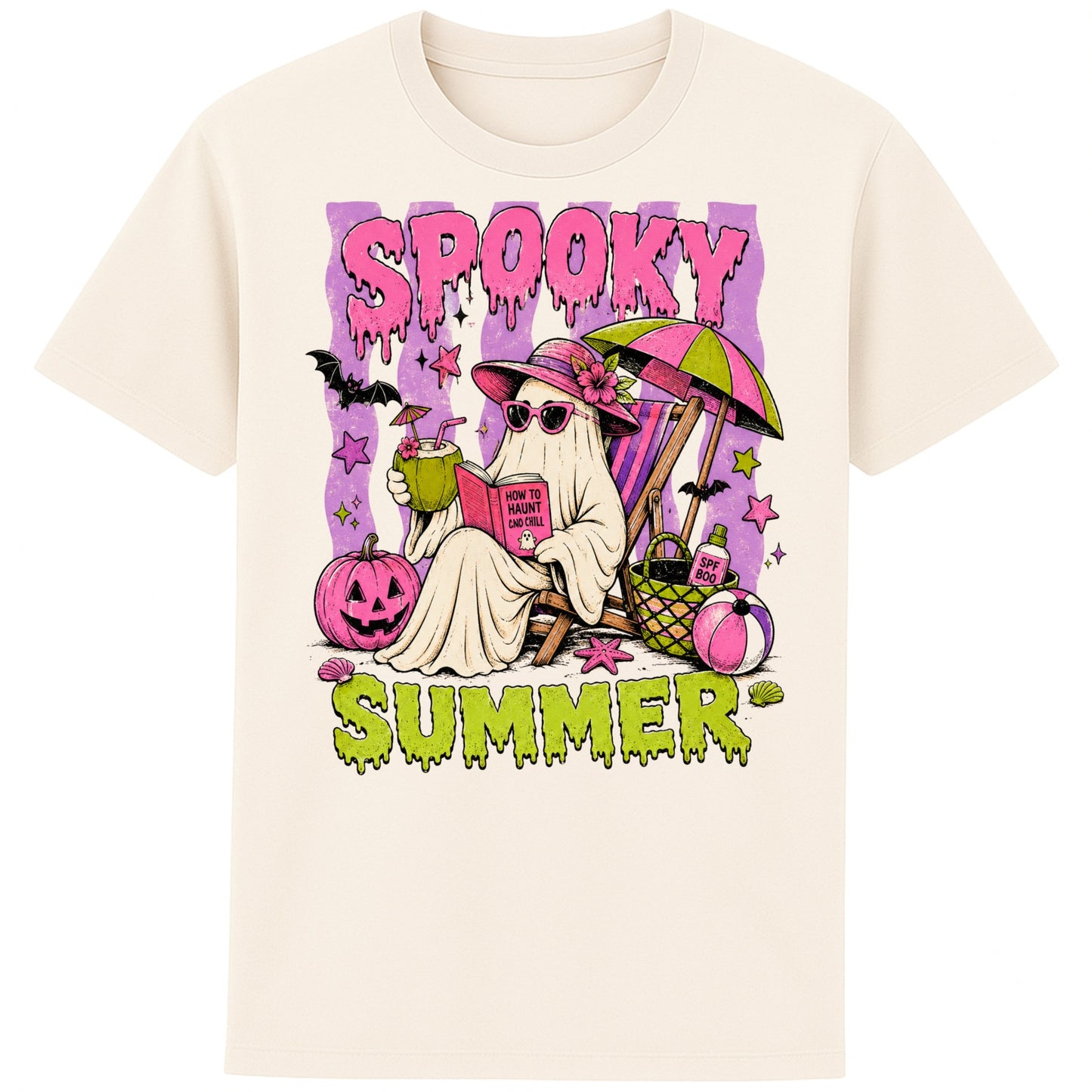 Funny Spooky Summer T-Shirt featuring a cute ghost relaxing on a beach chair with a tropical drink, pumpkins, bats and beach accessories, colourful Halloween graphic tee for spooky season lover in naturel colour 
