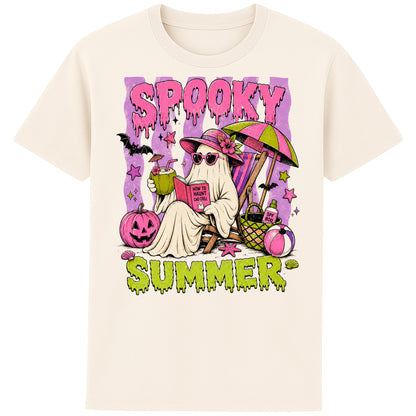 Funny Spooky Summer T-Shirt featuring a cute ghost relaxing on a beach chair with a tropical drink, pumpkins, bats and beach accessories, colourful Halloween graphic tee for spooky season lover in naturel colour 