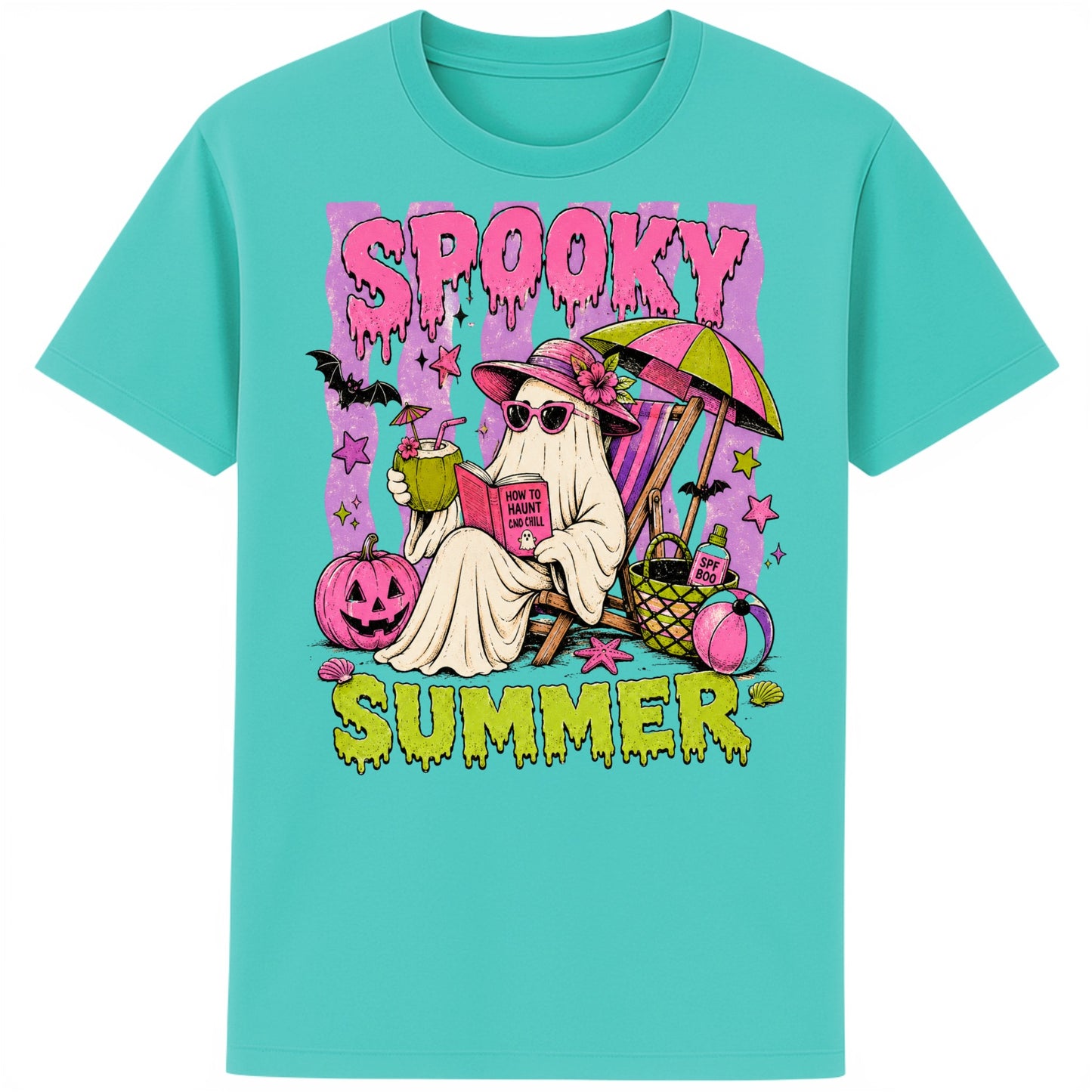 Funny Spooky Summer T-Shirt featuring a cute ghost relaxing on a beach chair with a tropical drink, pumpkins, bats and beach accessories, colourful Halloween graphic tee for spooky season lovers in colour pool blue 
