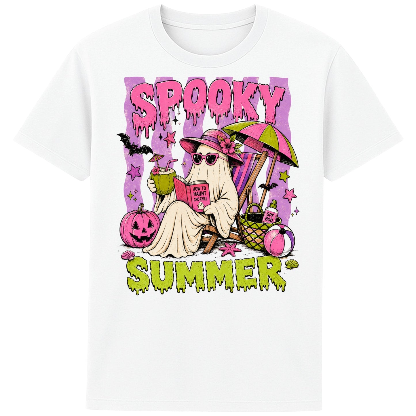 Funny Spooky Summer T-Shirt featuring a cute ghost relaxing on a beach chair with a tropical drink, pumpkins, bats and beach accessories, colourful Halloween graphic tee for spooky season lovers in colour white 