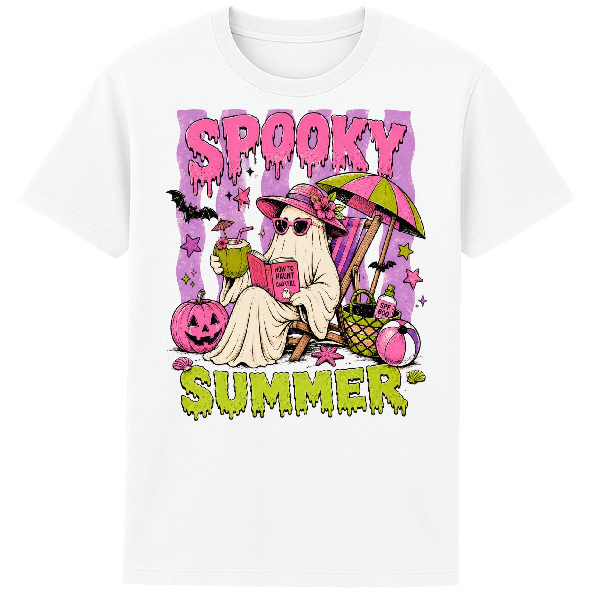 Funny Spooky Summer T-Shirt featuring a cute ghost relaxing on a beach chair with a tropical drink, pumpkins, bats and beach accessories, colourful Halloween graphic tee for spooky season lovers in colour white 