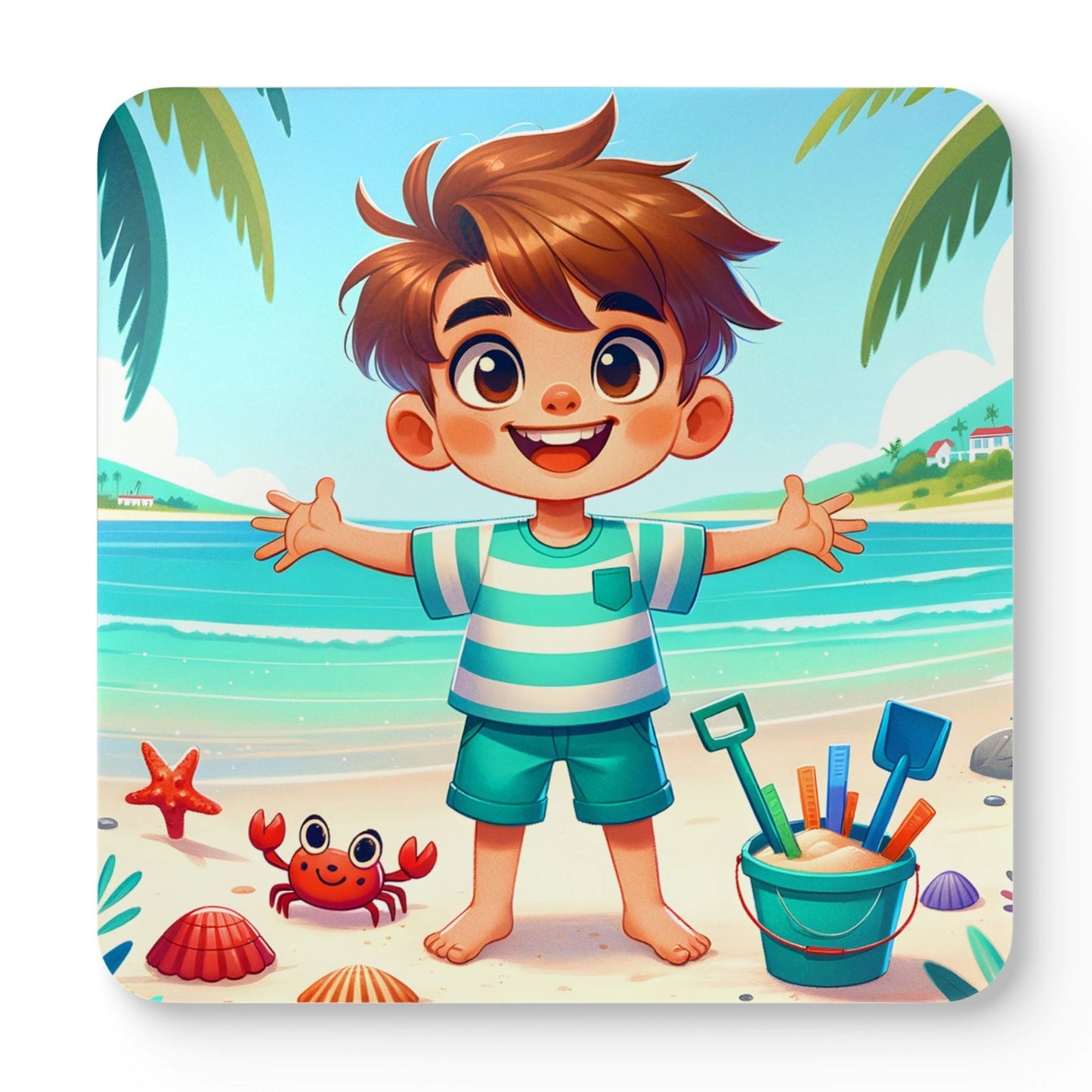 Summer Beach Boy Coaster Set featuring a cheerful cartoon beach boy with palm trees, seashells and a smiling crab on cork backed drink coasters for beach house decor and coastal home decor.