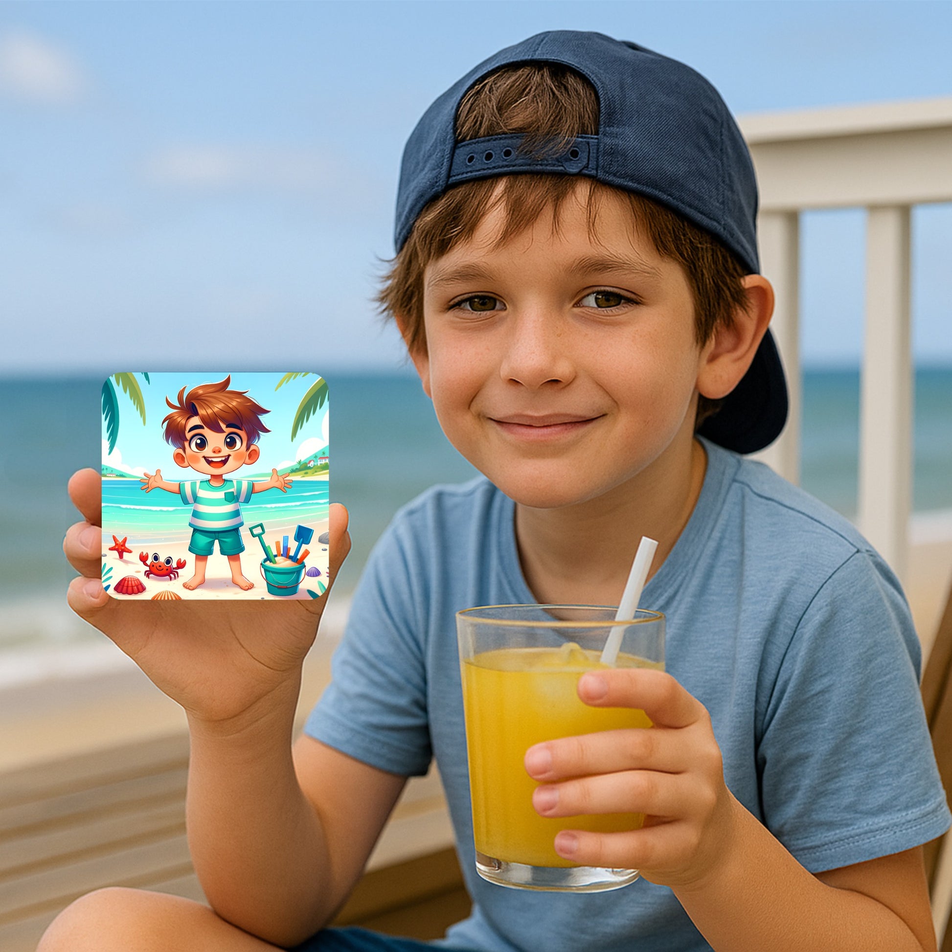 Child holding a glass of orange juice with bright and fun ocean-inspired coasters featuring shells, crabs, and cheerful beach vibes—ideal for summer parties and iced drinks.”