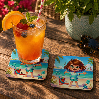 Lifestyle mockup of the Summer Girl Beach coaster with a colourful summer fruity drink resting on one coaster and a second matching coaster displayed below it on a sunlit outdoor wooden table with tropical plants and summer décor.
