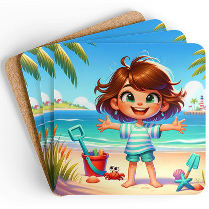Summer Girl beach coaster set of four featuring a cheerful little girl on the beach with colourful sand toys, waves, and a crab on cork backed coastal drink coasters.