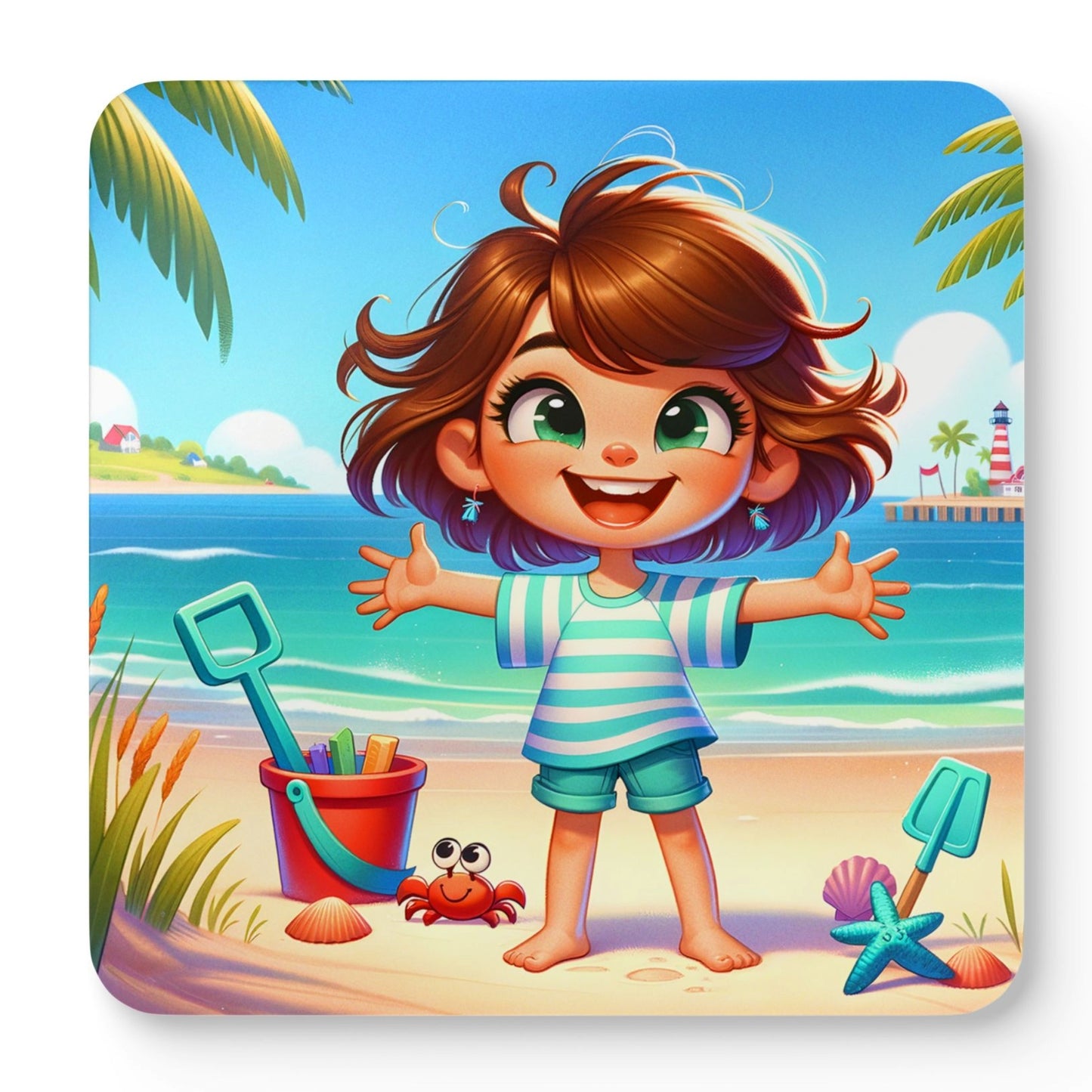 Summer Girl beach coaster set featuring a cheerful little girl on the beach with colourful sand toys, waves, and a crab on cork backed coastal drink coasters.