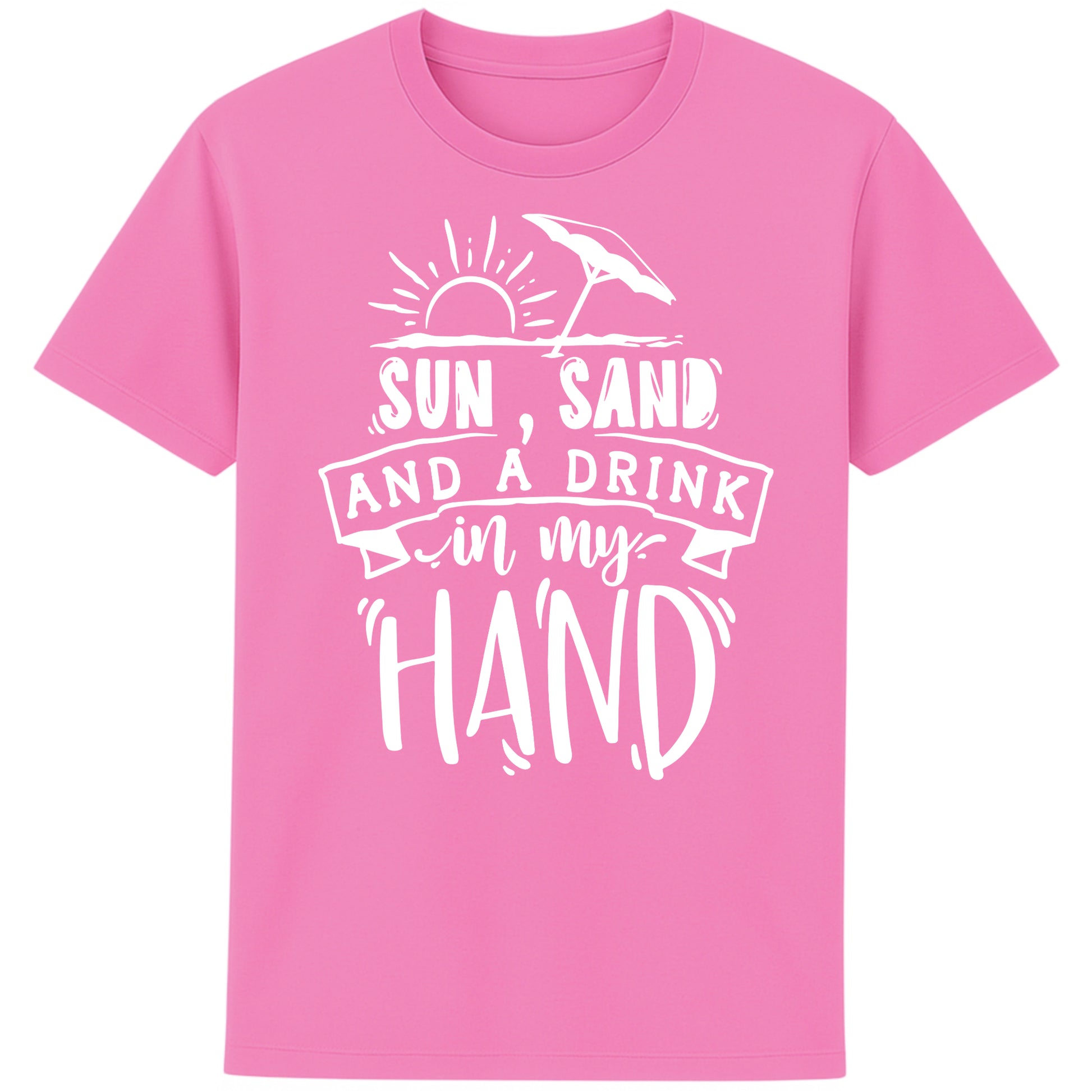 Bubble Pink t-shirt with “Sun, Sand, and a Drink in My Hand” graphic, laid flat on white background – fun summer fashion for beach lovers