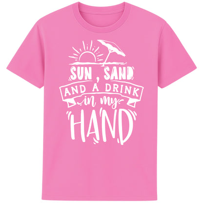 Bubble Pink t-shirt with “Sun, Sand, and a Drink in My Hand” graphic, laid flat on white background – fun summer fashion for beach lovers