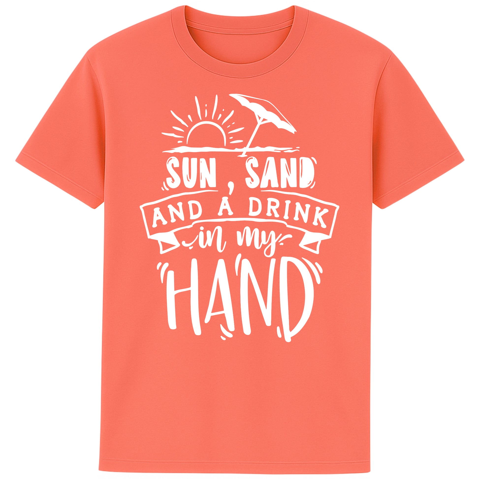 Fiesta colour t-shirt with “Sun, Sand, and a Drink in My Hand” graphic, laid flat on white background – fun summer fashion for beach lovers