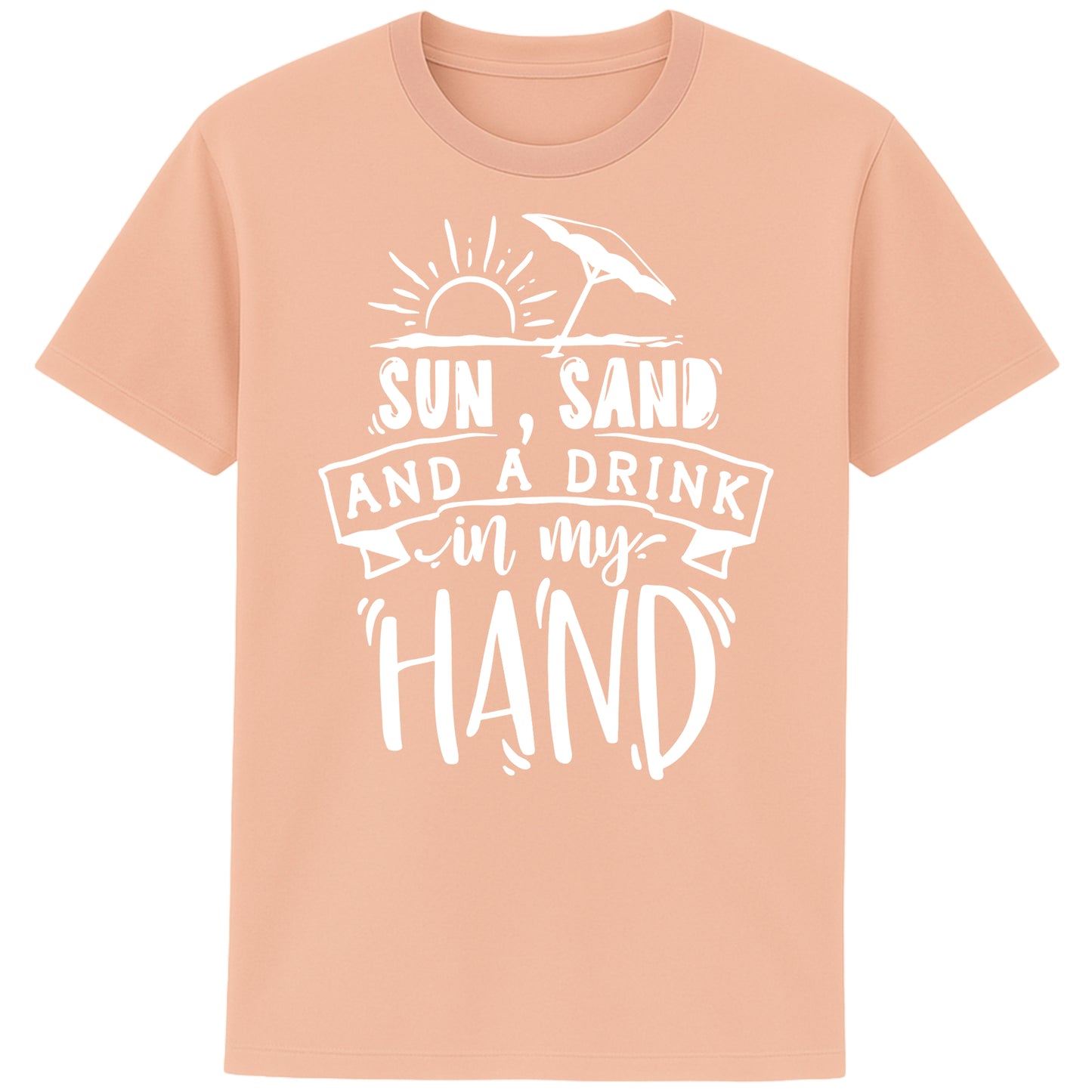 fraiche peche colour  t-shirt with “Sun, Sand, and a Drink in My Hand” graphic, laid flat on white background – fun summer fashion for beach lovers