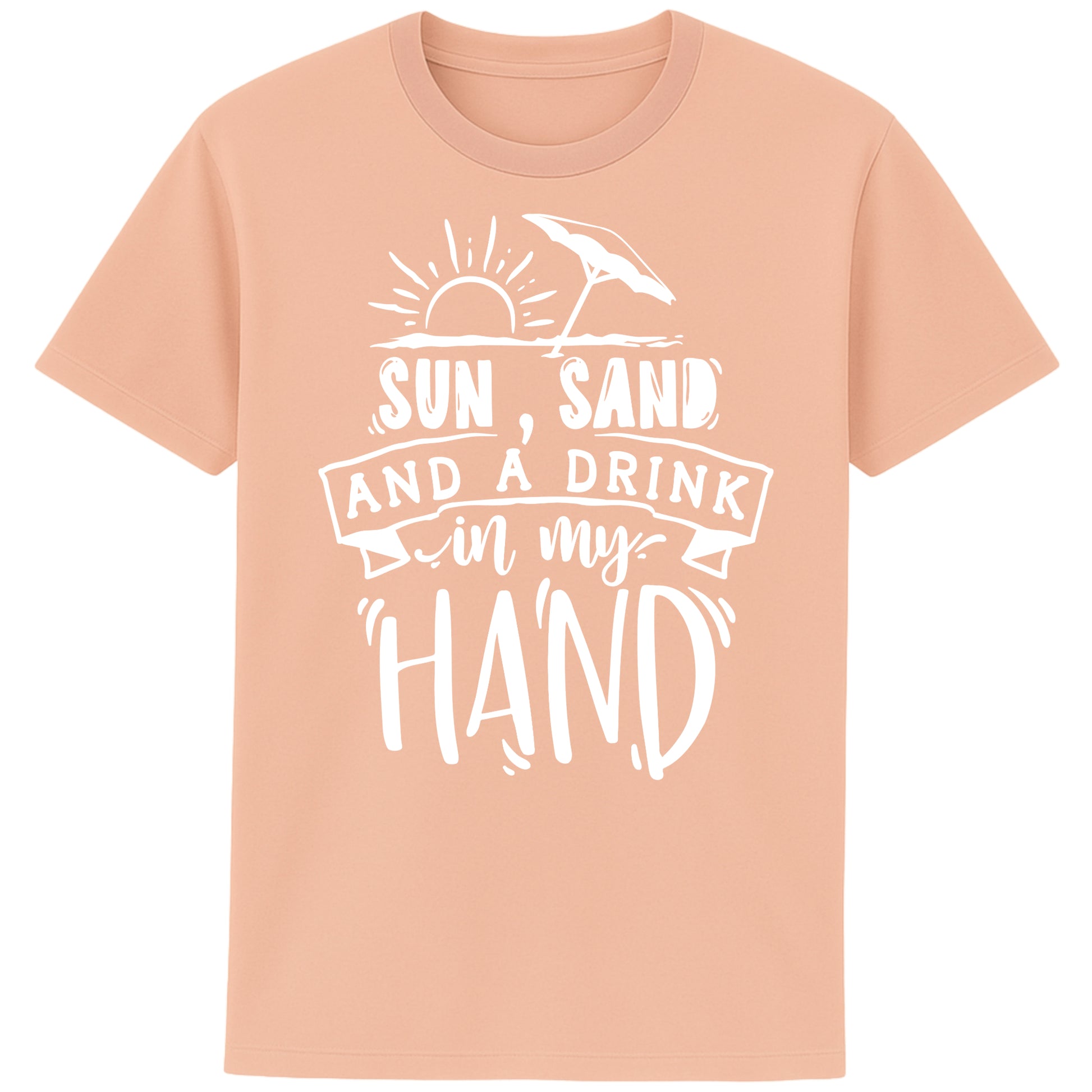 fraiche peche colour  t-shirt with “Sun, Sand, and a Drink in My Hand” graphic, laid flat on white background – fun summer fashion for beach lovers