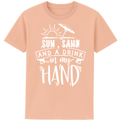 fraiche peche colour  t-shirt with “Sun, Sand, and a Drink in My Hand” graphic, laid flat on white background – fun summer fashion for beach lovers