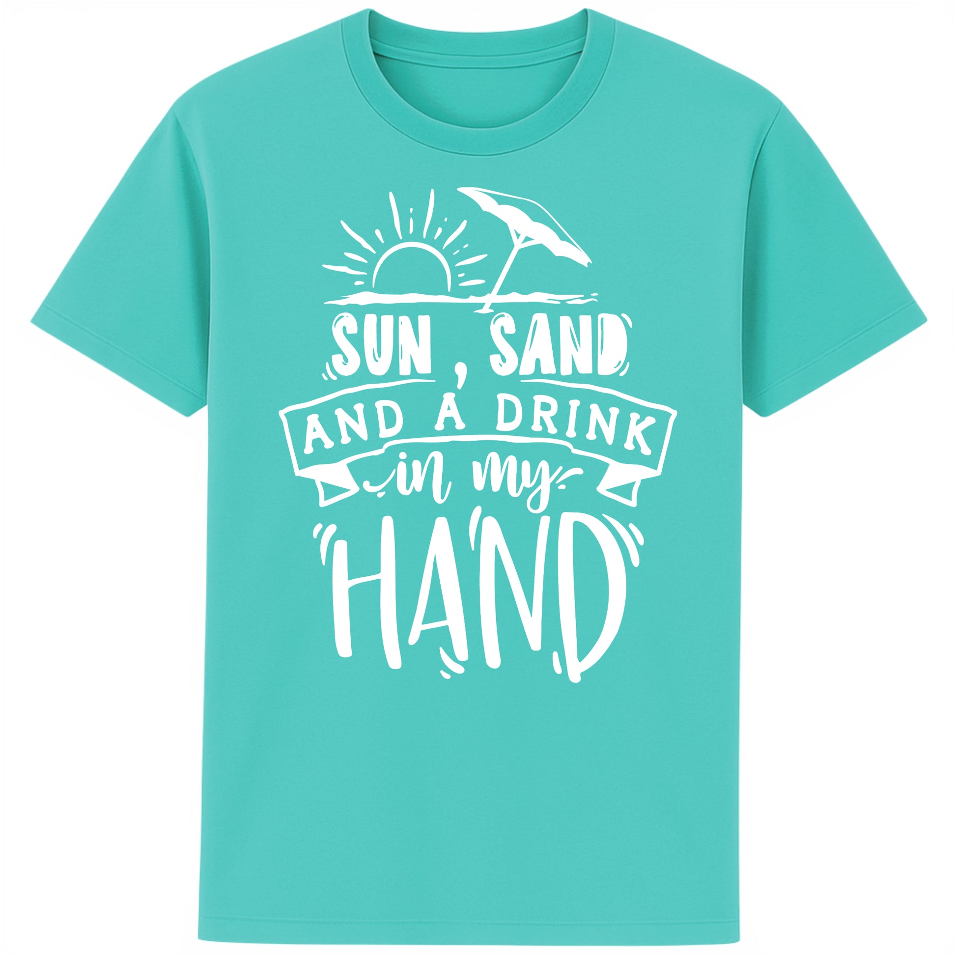Pool blue t-shirt with “Sun, Sand, and a Drink in My Hand” graphic, laid flat on white background – fun summer fashion for beach lovers