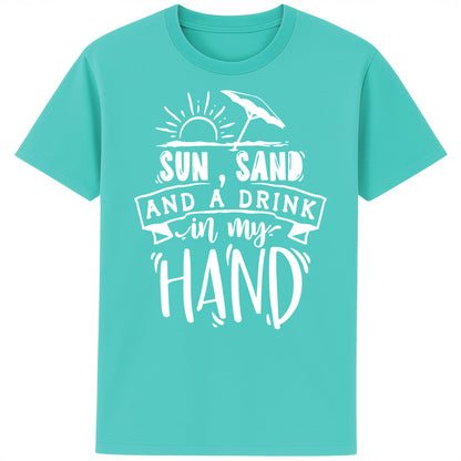 Pool blue t-shirt with “Sun, Sand, and a Drink in My Hand” graphic, laid flat on white background – fun summer fashion for beach lovers