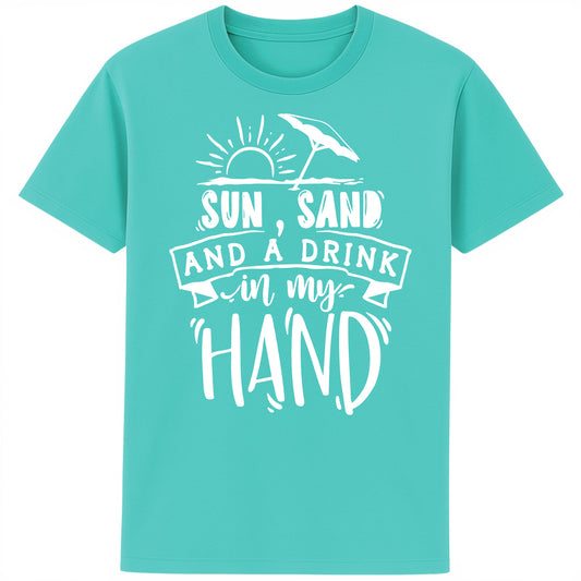 Pool blue t-shirt with “Sun, Sand, and a Drink in My Hand” graphic, laid flat on white background – fun summer fashion for beach lovers