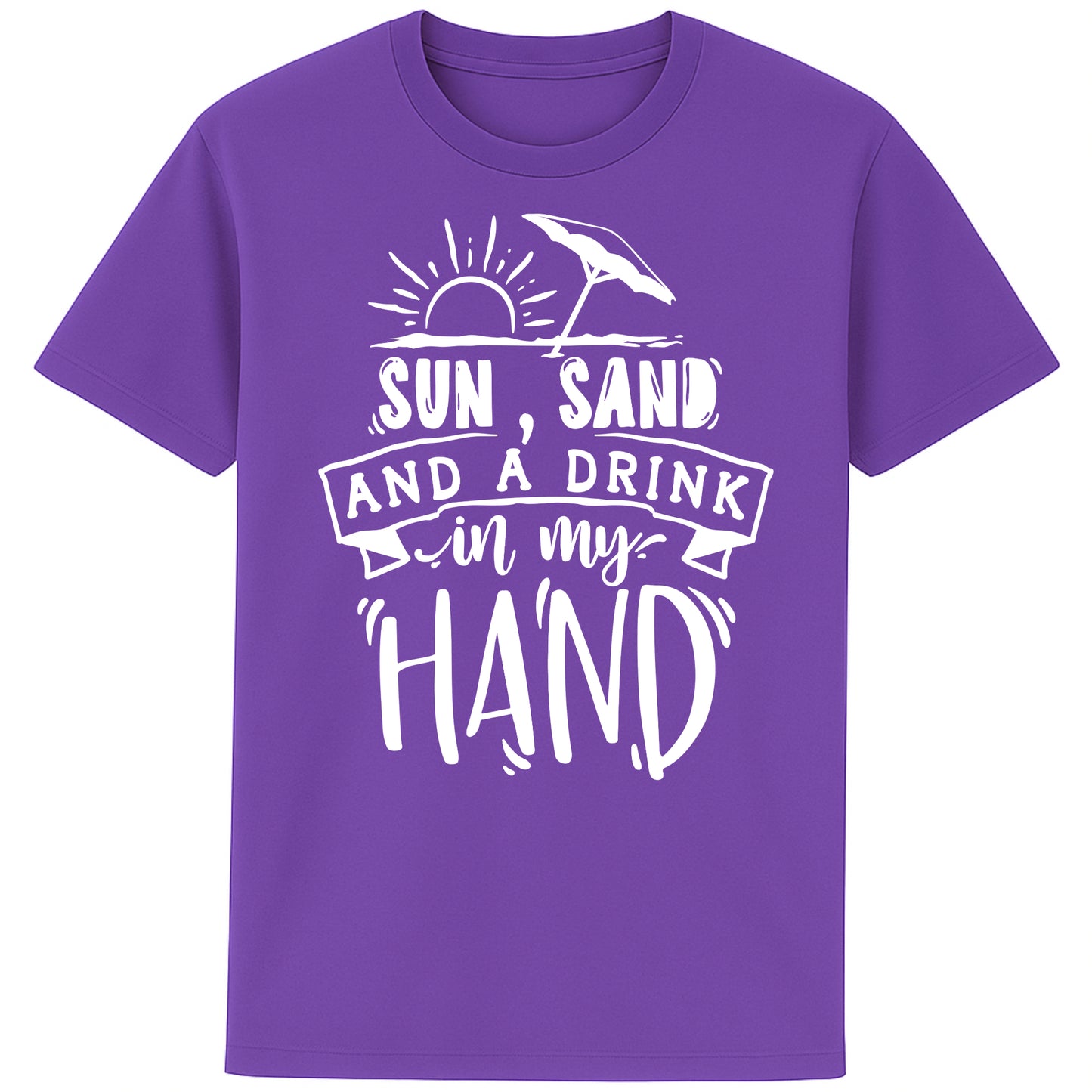 Purple t-shirt with “Sun, Sand, and a Drink in My Hand” graphic, laid flat on white background – fun summer fashion for beach lovers