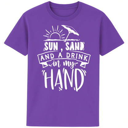 Purple t-shirt with “Sun, Sand, and a Drink in My Hand” graphic, laid flat on white background – fun summer fashion for beach lovers