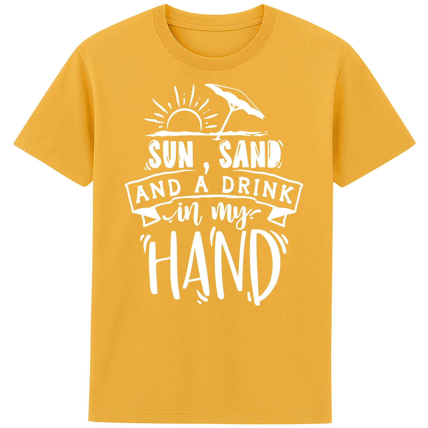 Spectre Yellow t-shirt with “Sun, Sand, and a Drink in My Hand” graphic, laid flat on white background – fun summer fashion for beach lovers