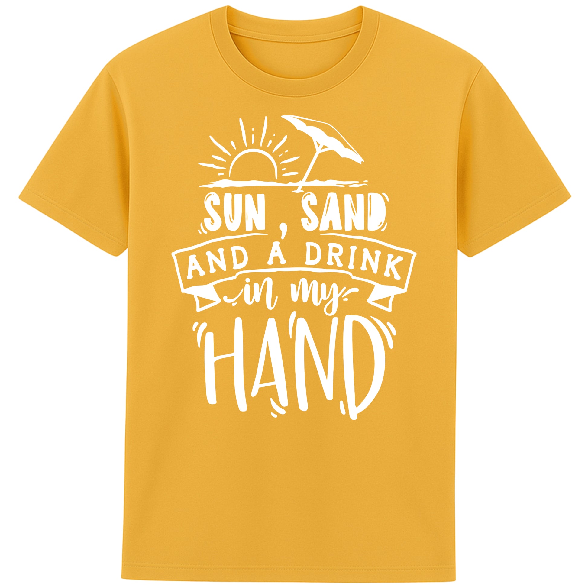 Spectre Yellow t-shirt with “Sun, Sand, and a Drink in My Hand” graphic, laid flat on white background – fun summer fashion for beach lovers