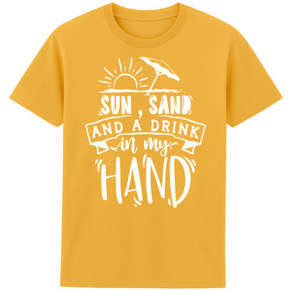 Spectre Yellow t-shirt with “Sun, Sand, and a Drink in My Hand” graphic, laid flat on white background – fun summer fashion for beach lovers