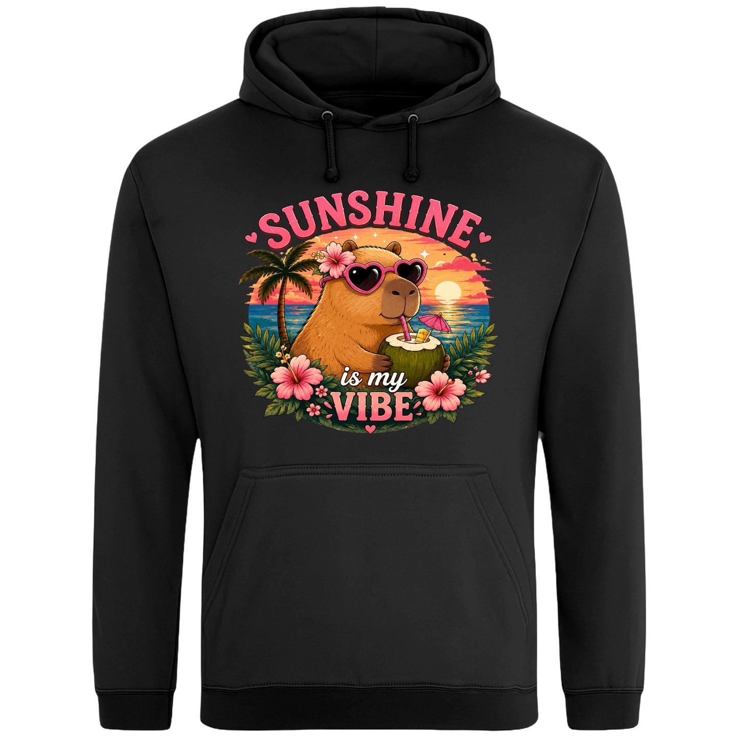 Black Sunshine Is My Vibe Capybara Hoodie featuring a tropical beach graphic with a relaxed capybara, palm trees, hibiscus flowers and a colourful summer sunset.