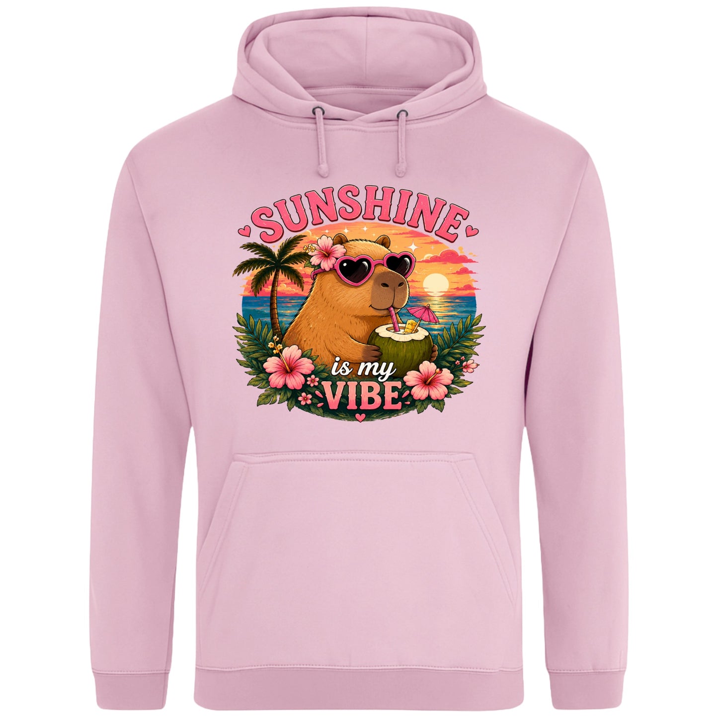 Pink Sunshine Is My Vibe Capybara Hoodie featuring a tropical beach graphic with a relaxed capybara, palm trees, hibiscus flowers and a colourful summer sunset.