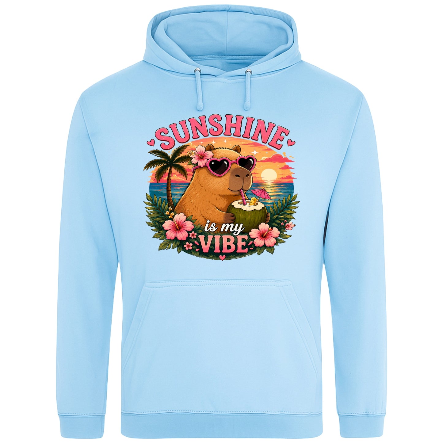 Sky Blue Sunshine Is My Vibe Capybara Hoodie featuring a tropical beach graphic with a relaxed capybara, palm trees, hibiscus flowers and a colourful summer sunset.