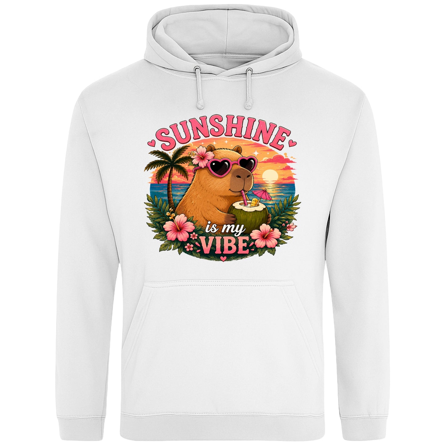 White Sunshine Is My Vibe Capybara Hoodie featuring a tropical beach graphic with a relaxed capybara, palm trees, hibiscus flowers and a colourful summer sunset.