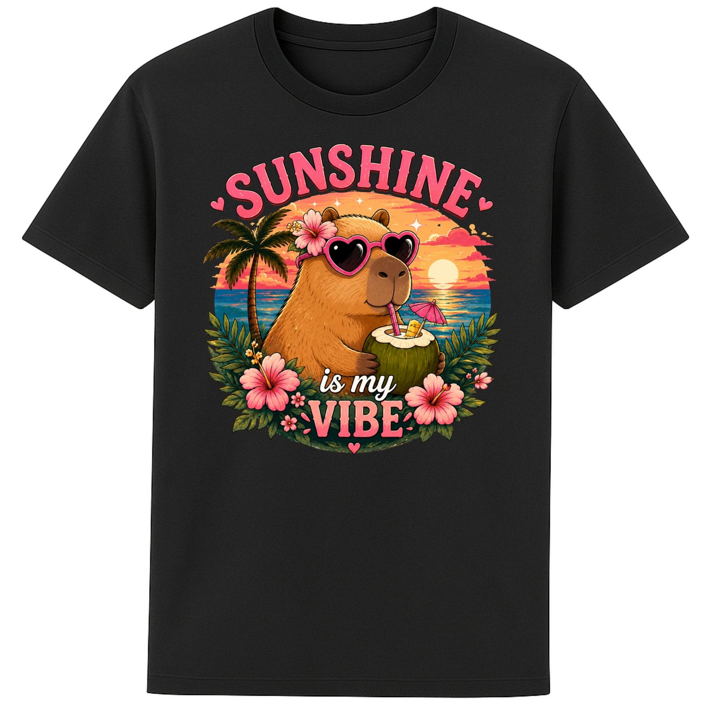 Black Sunshine Is My Vibe Capybara T-Shirt featuring a cute capybara wearing heart-shaped sunglasses, holding a coconut drink with tropical flowers, palm trees and a colourful summer beach sunset graphic.