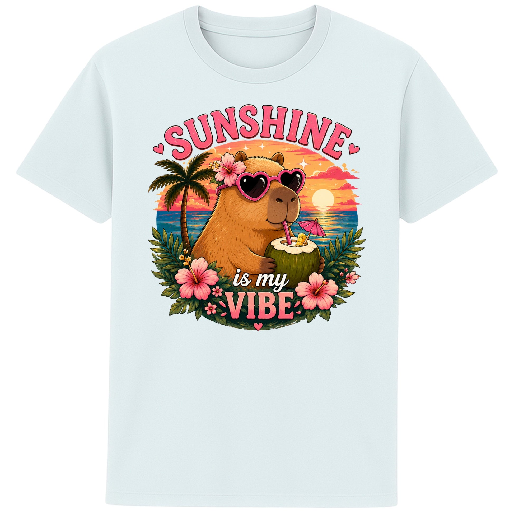 Ice Blue Colour Sunshine Is My Vibe Capybara T-Shirt featuring a cute capybara wearing heart-shaped sunglasses, holding a coconut drink with tropical flowers, palm trees and a colourful summer beach sunset graphic.