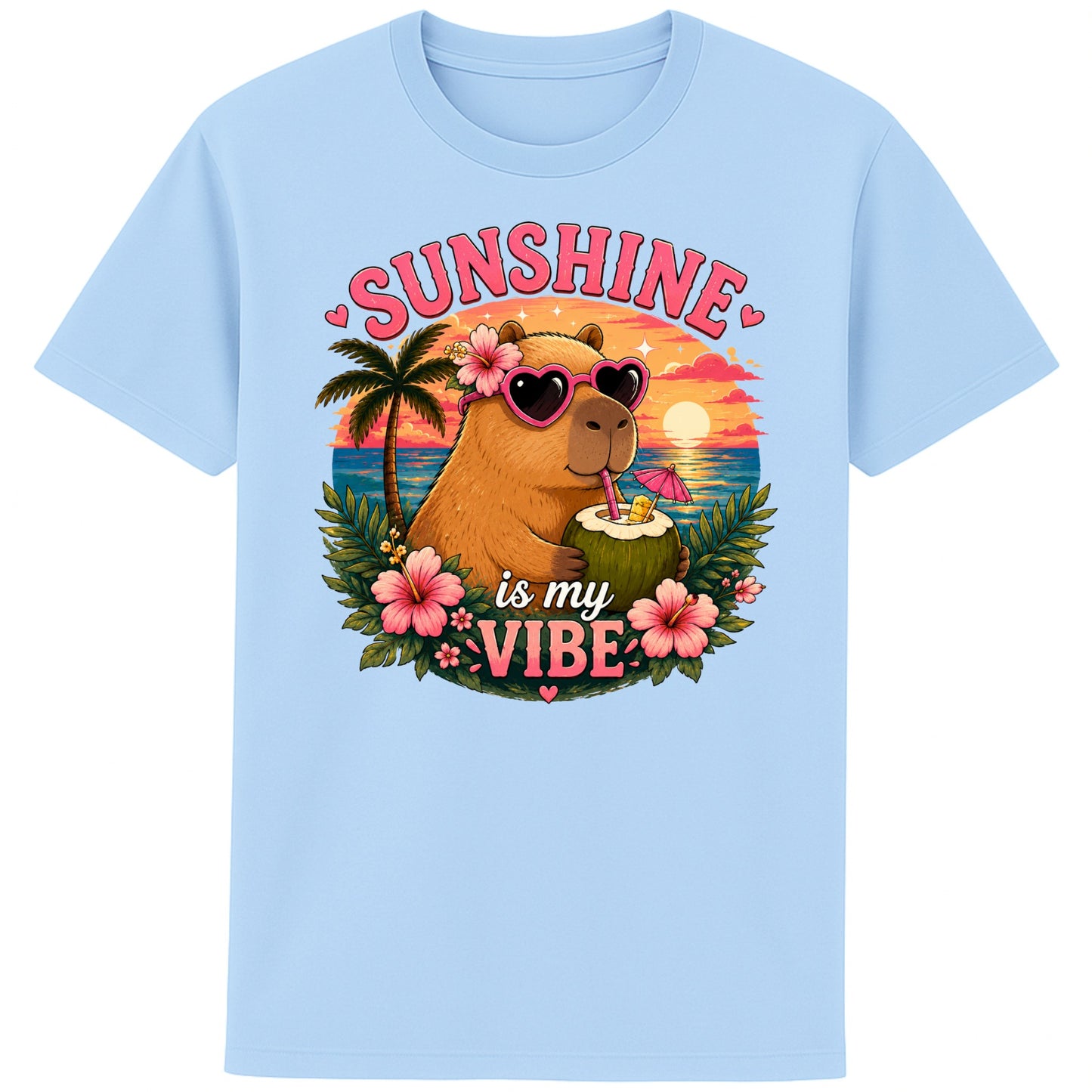 Blue Soul colour Sunshine Is My Vibe Capybara T-Shirt featuring a cute capybara wearing heart-shaped sunglasses, holding a coconut drink with tropical flowers, palm trees and a colourful summer beach sunset graphic.