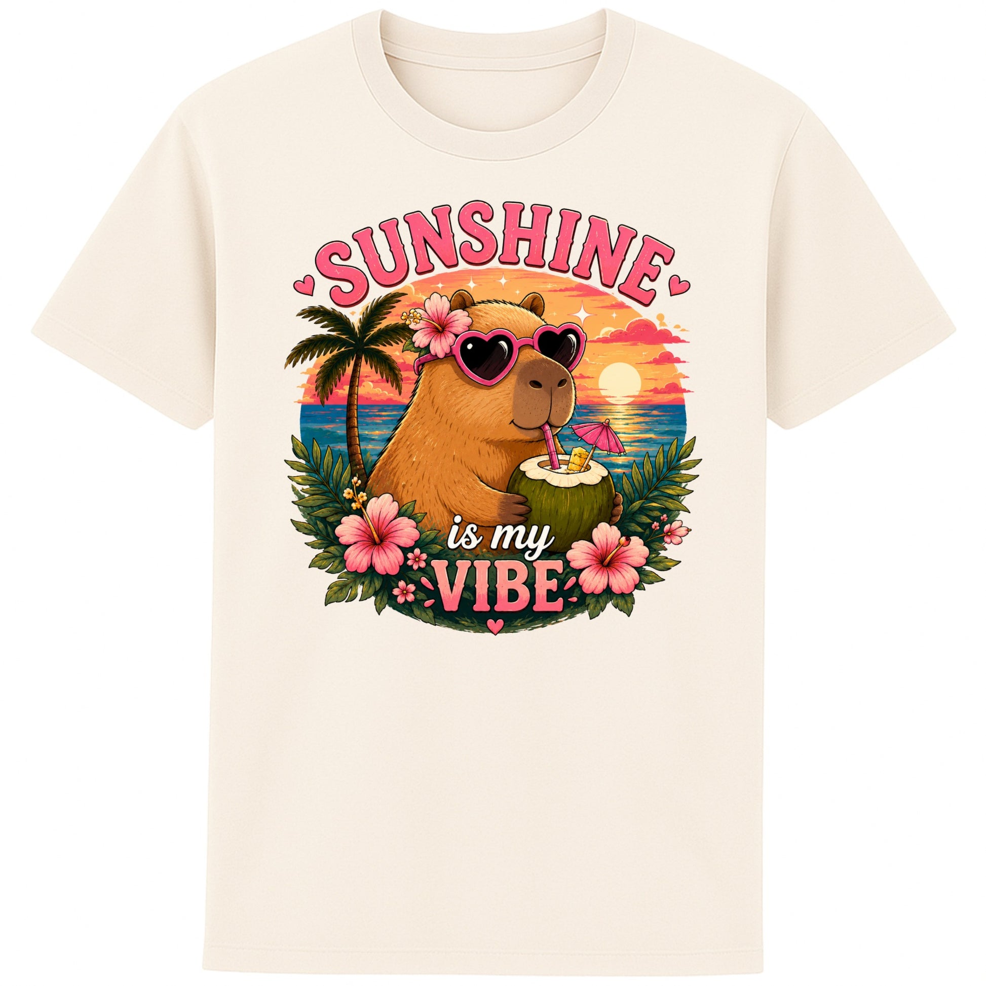 Naturel colour Sunshine Is My Vibe Capybara T-Shirt featuring a cute capybara wearing heart-shaped sunglasses, holding a coconut drink with tropical flowers, palm trees and a colourful summer beach sunset graphic.