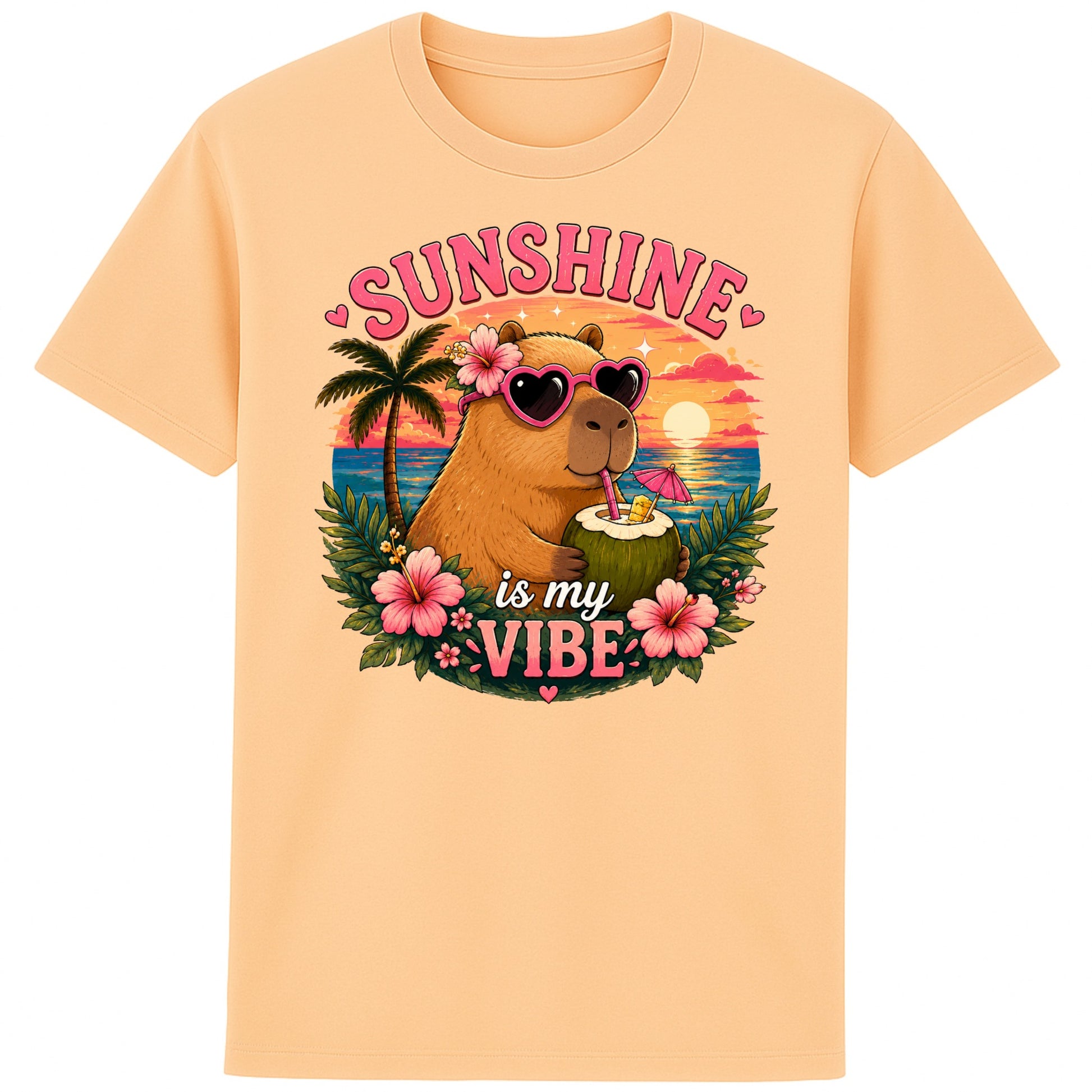 Nispresso colour Sunshine Is My Vibe Capybara T-Shirt featuring a cute capybara wearing heart-shaped sunglasses, holding a coconut drink with tropical flowers, palm trees and a colourful summer beach sunset graphic.