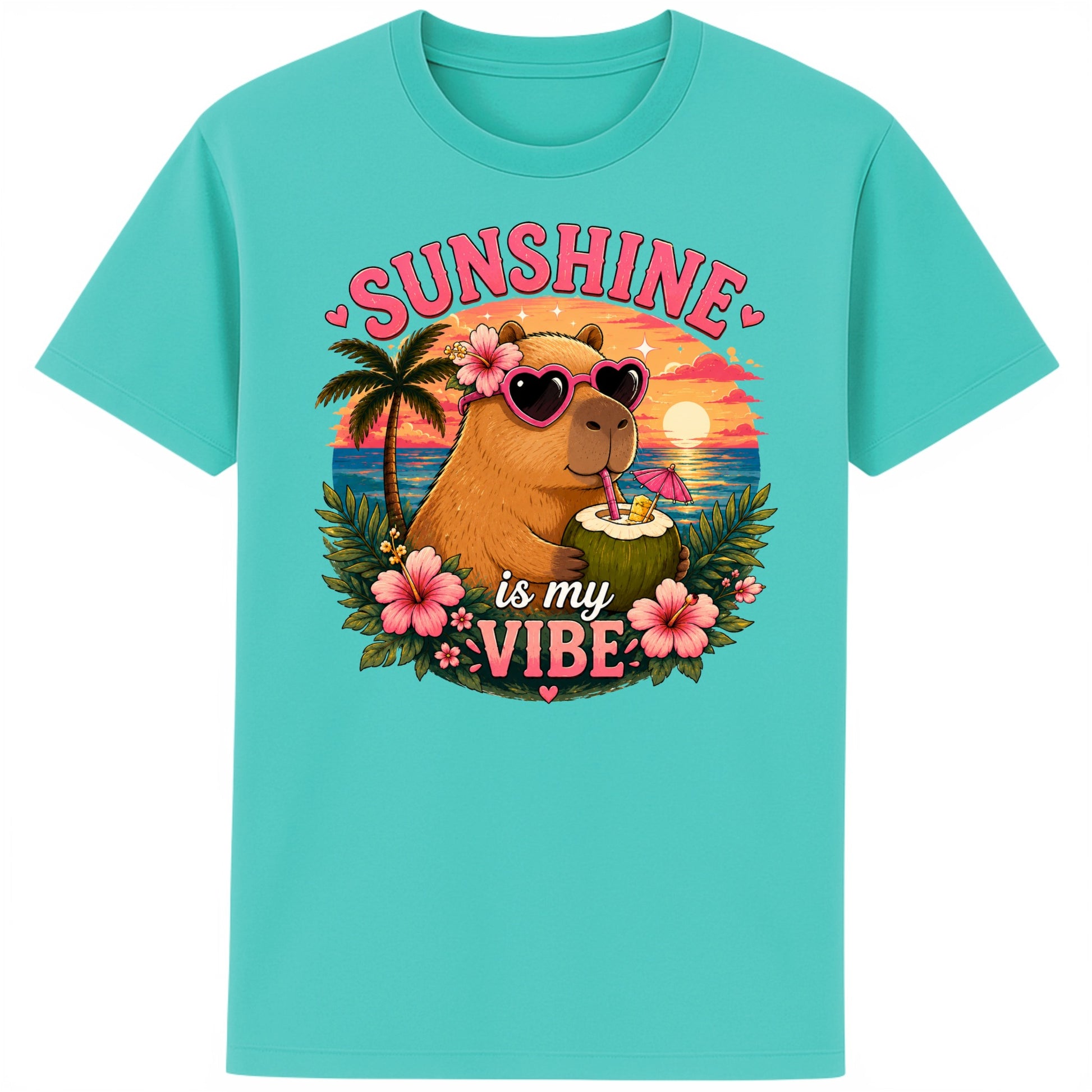 Pool blue colour Sunshine Is My Vibe Capybara T-Shirt featuring a cute capybara wearing heart-shaped sunglasses, holding a coconut drink with tropical flowers, palm trees and a colourful summer beach sunset graphic.