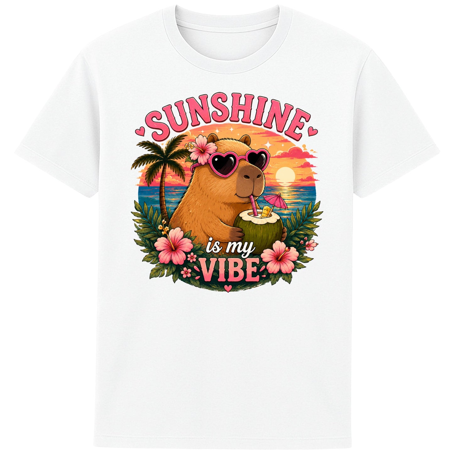 White Sunshine Is My Vibe Capybara T-Shirt featuring a cute capybara wearing heart-shaped sunglasses, holding a coconut drink with tropical flowers, palm trees and a colourful summer beach sunset graphic.