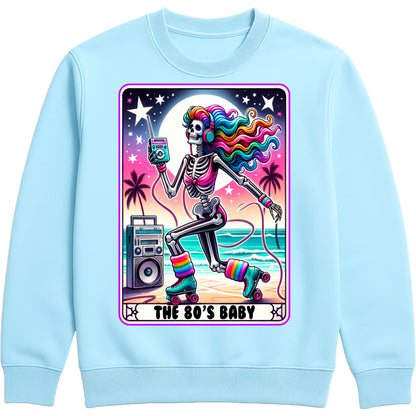 sky blue colour retro 80s sweatshirt with a colorful roller-skating skeleton design, neon rainbow accents, and playful nostalgic vibes for everyday wear.”