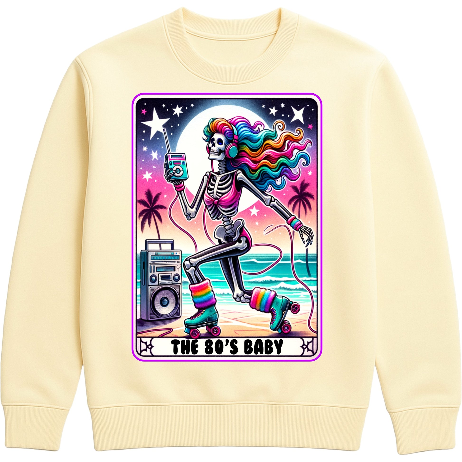 Vanilla Milkshake colour retro 80s sweatshirt with a colorful roller-skating skeleton design, neon rainbow accents, and playful nostalgic vibes for everyday wear.”