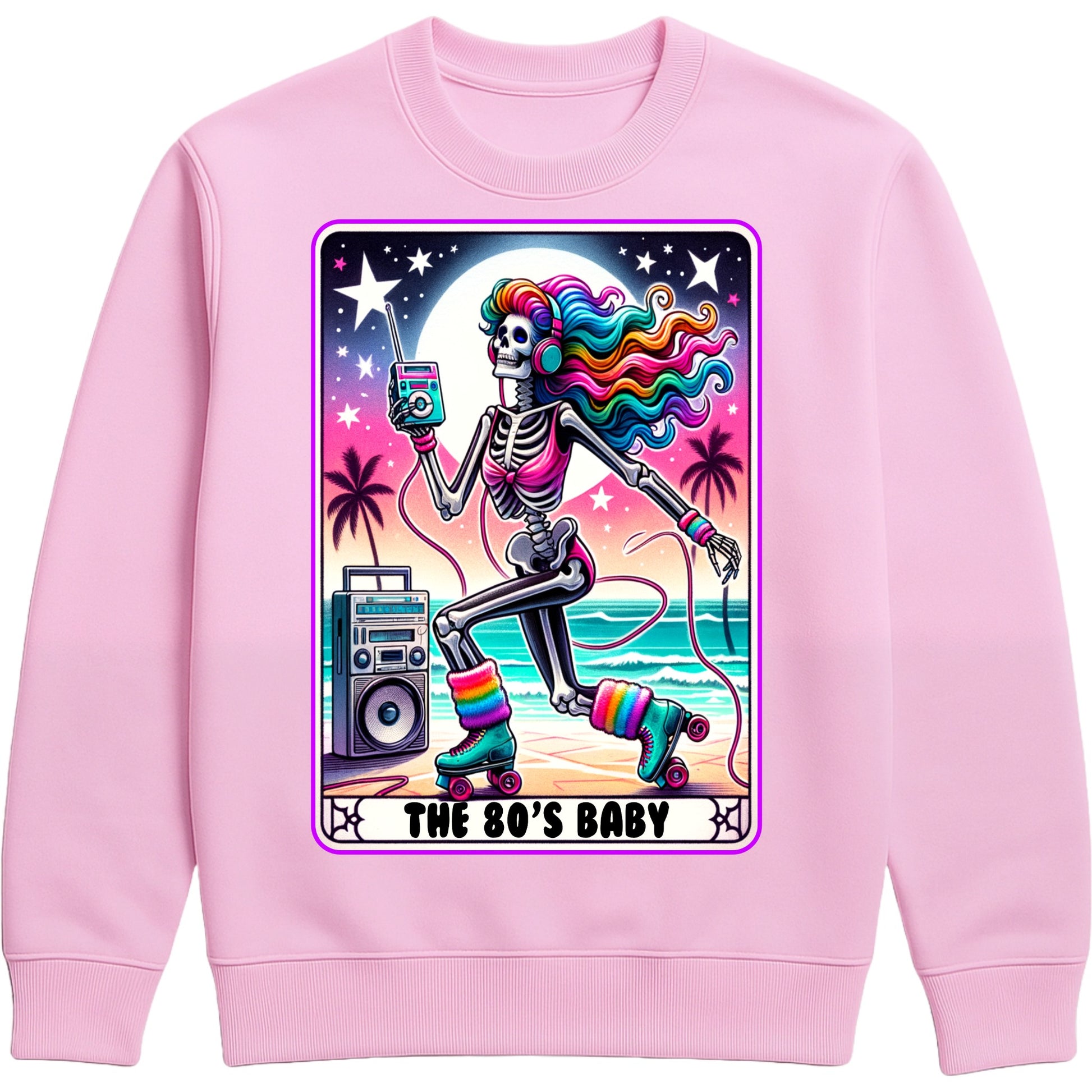 Pink retro 80s sweatshirt with a colorful roller-skating skeleton design, neon rainbow accents, and playful nostalgic vibes for everyday wear.”