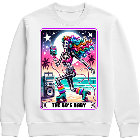 White retro 80s sweatshirt with a colorful roller-skating skeleton design, neon rainbow accents, and playful nostalgic vibes for everyday wear.”