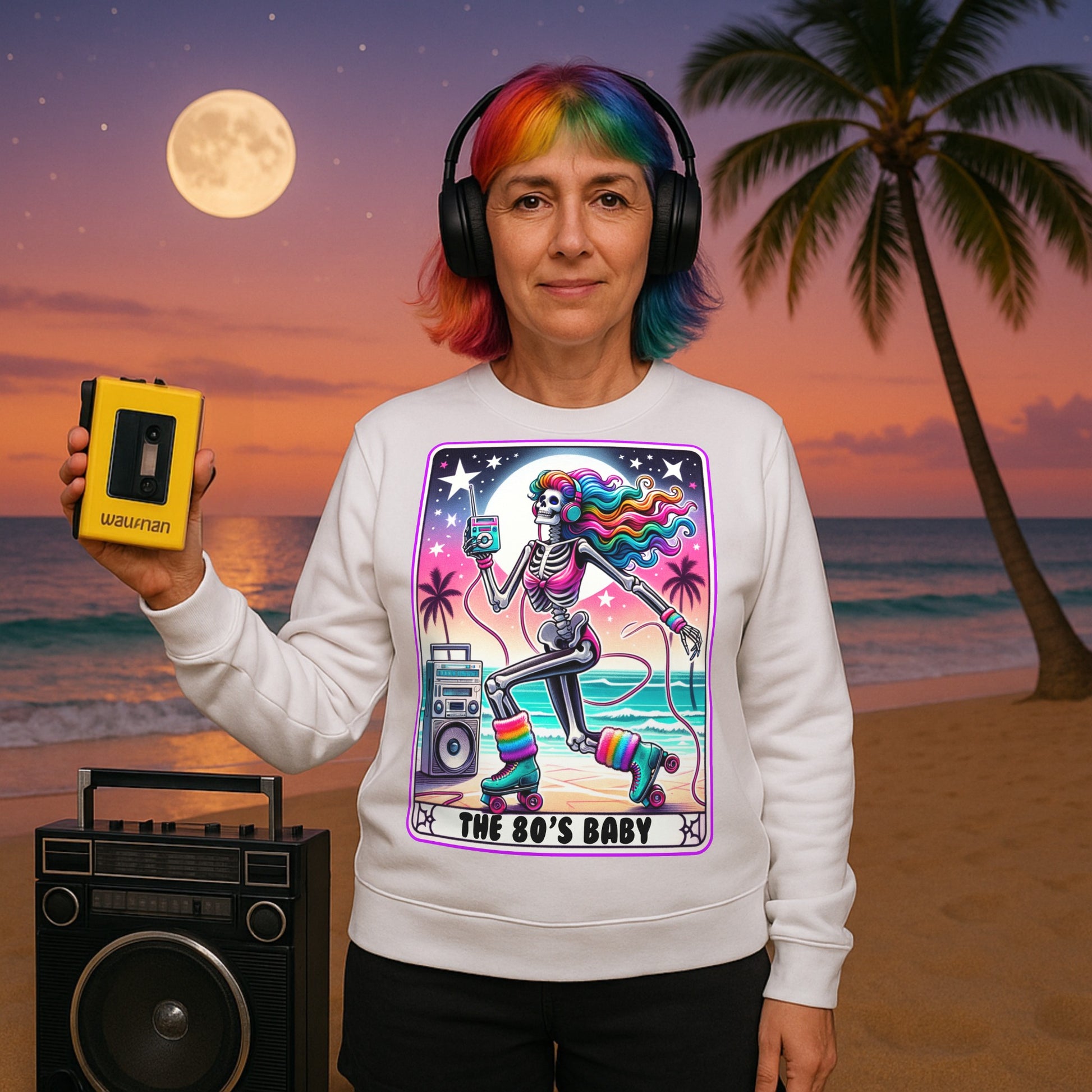 A woman wearing a retro 80s sweatshirt with a colourful roller-skating skeleton design, neon rainbow accents, and playful nostalgic vibes for everyday wear.”