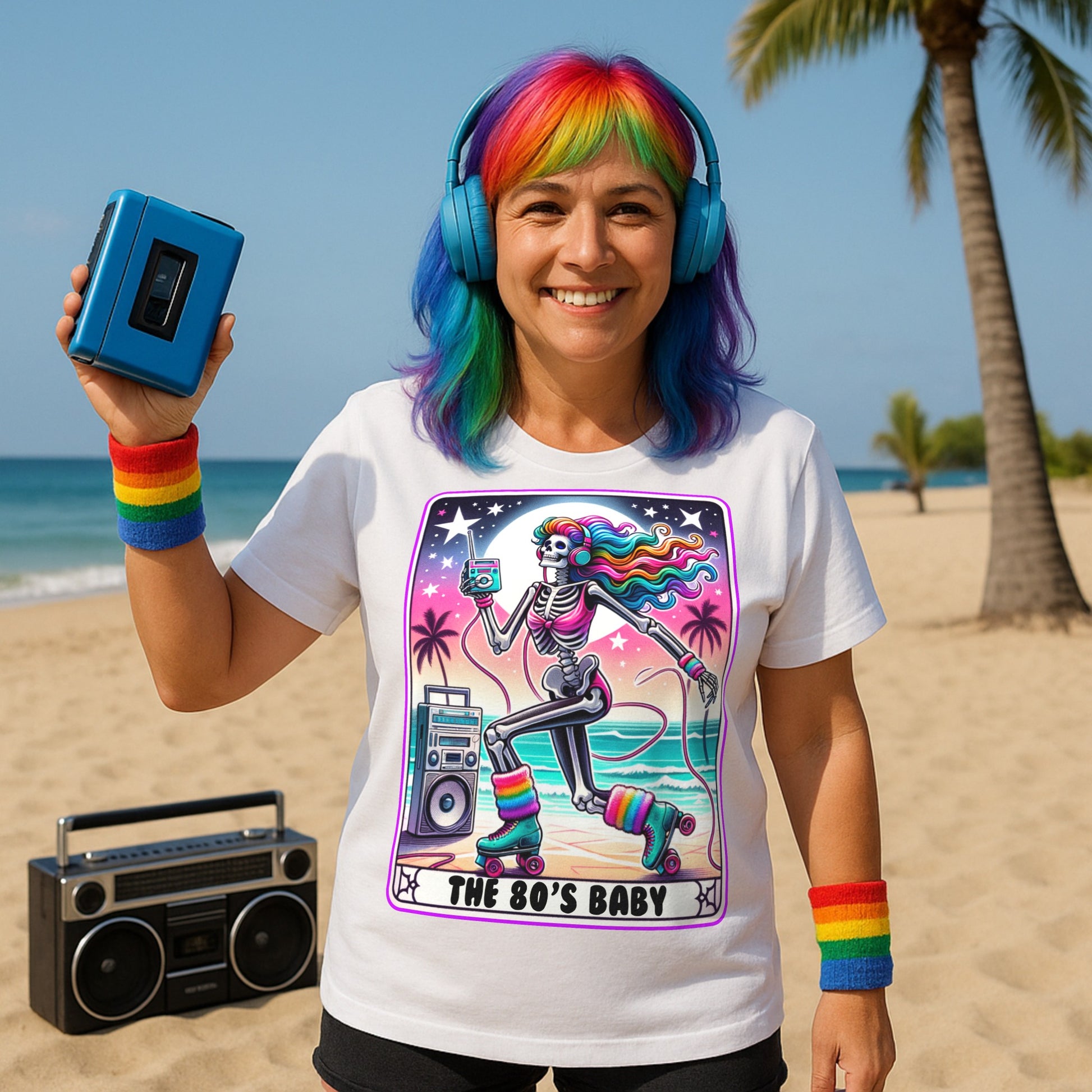 Person on a beach wearing a t-shirt with a colorful design and rainbow hair, holding a blue cassette player.