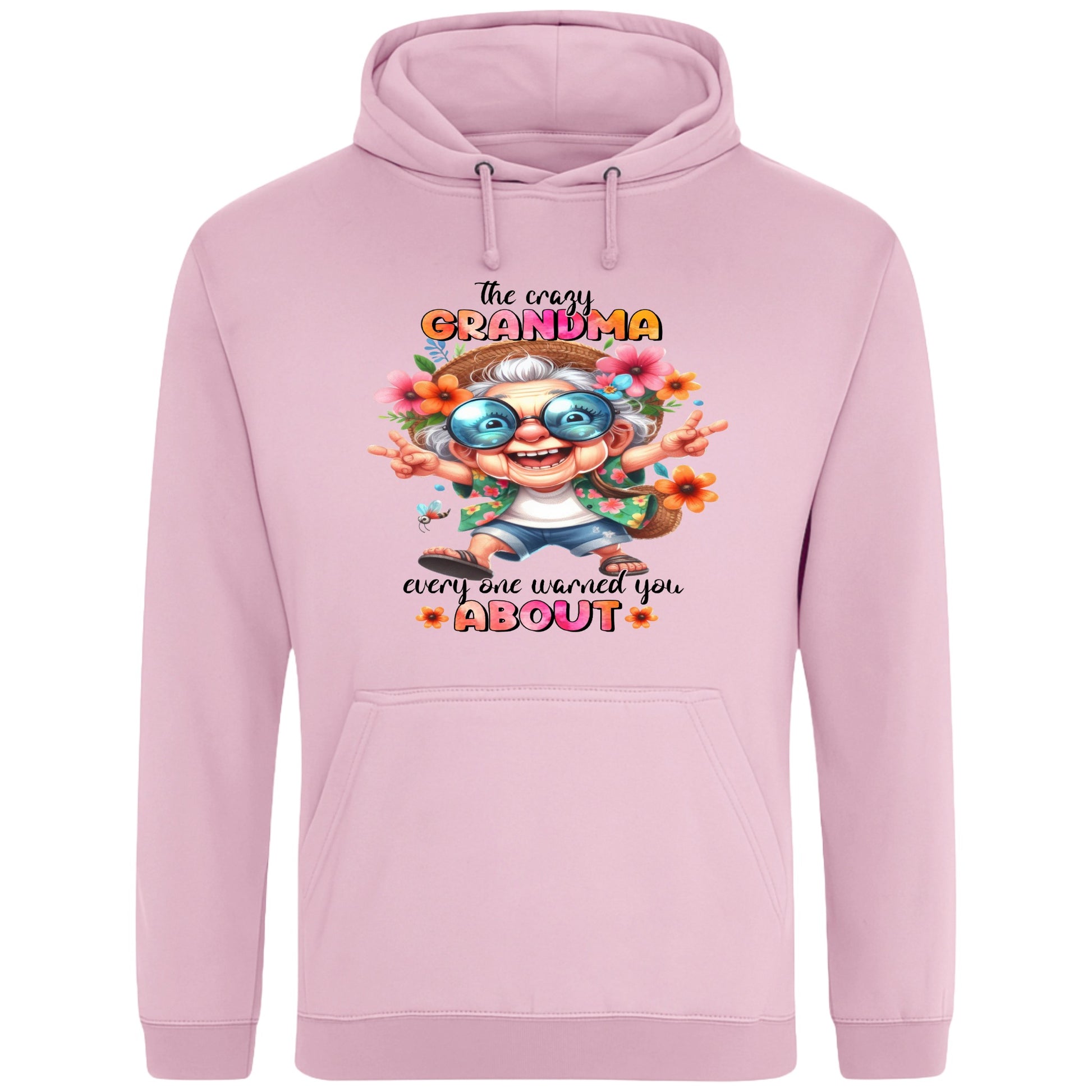 Pink funny grandma hoodie featuring a colourful cartoon grandma wearing sunglasses with the phrase "The Crazy Grandma Everyone Warned You About", perfect gift for grandma, grandmother birthday gift, Grandparents Day gift, and gift from grandkids.