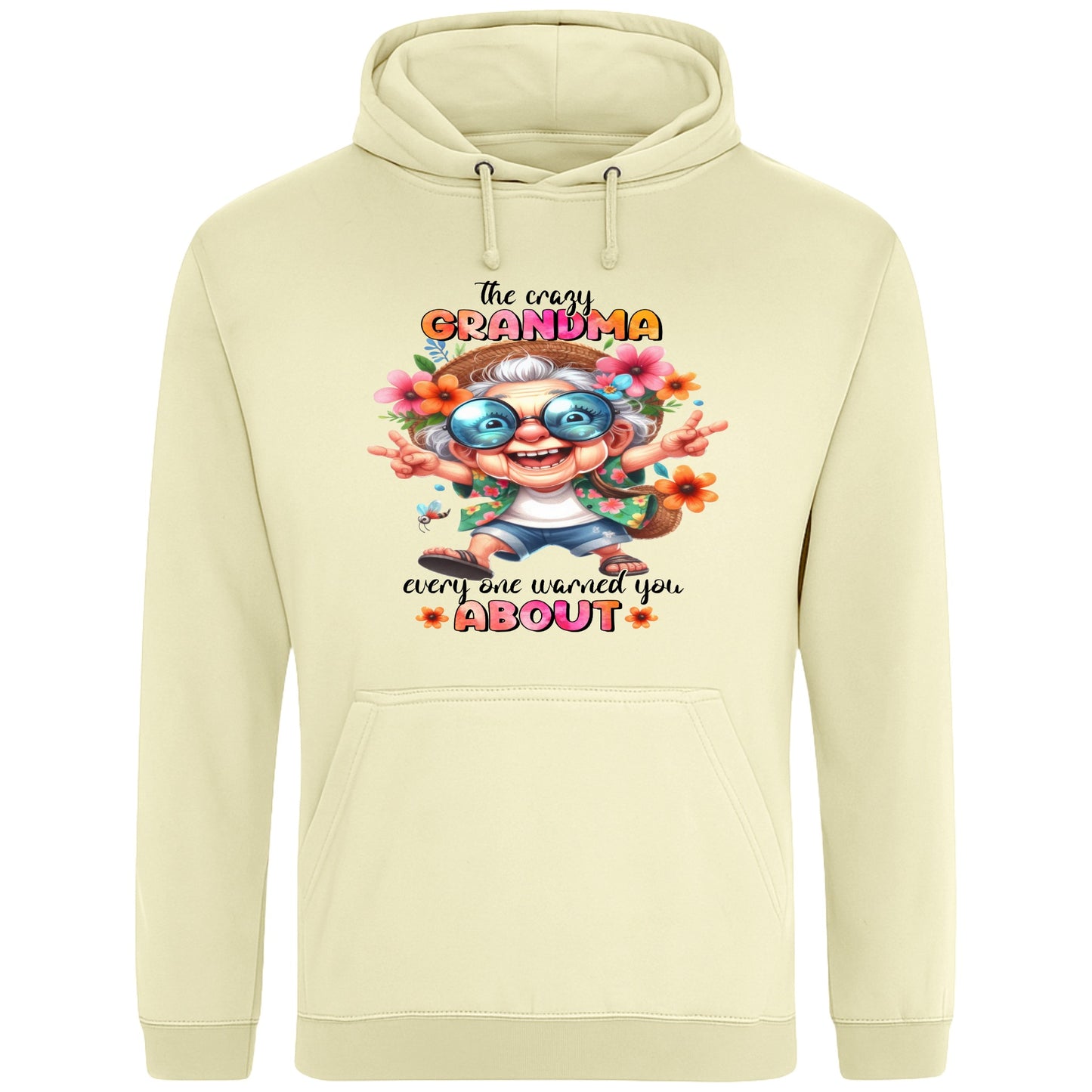 Vanilla milkshake colour funny grandma hoodie featuring a colourful cartoon grandma wearing sunglasses with the phrase "The Crazy Grandma Everyone Warned You About", perfect gift for grandma, grandmother birthday gift, Grandparents Day gift, and gift from grandkids.