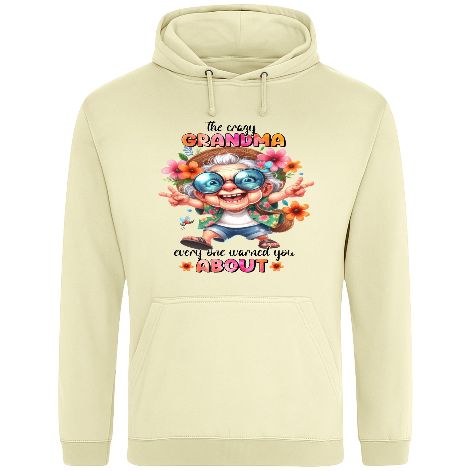 Vanilla milkshake colour funny grandma hoodie featuring a colourful cartoon grandma wearing sunglasses with the phrase "The Crazy Grandma Everyone Warned You About", perfect gift for grandma, grandmother birthday gift, Grandparents Day gift, and gift from grandkids.