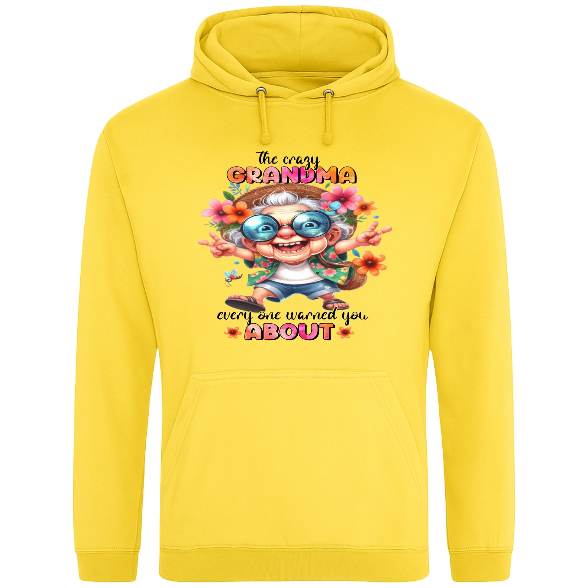Yellow funny grandma hoodie featuring a colourful cartoon grandma wearing sunglasses with the phrase "The Crazy Grandma Everyone Warned You About", perfect gift for grandma, grandmother birthday gift, Grandparents Day gift, and gift from grandkids.